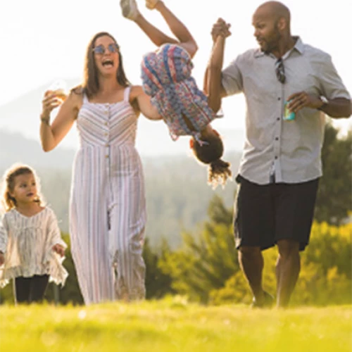 A family of four is enjoying an outdoor moment in a green field, with the parents playfully swinging one child while the other watches.